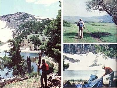 LEFT: Snow lingers year-round at higher elevations. TOP RIGHT: A light weight pack is ideal for day jaunts. BOTTOM RIGHT: Fresh water, views, and level ground are all considerations in choosing a campsite.